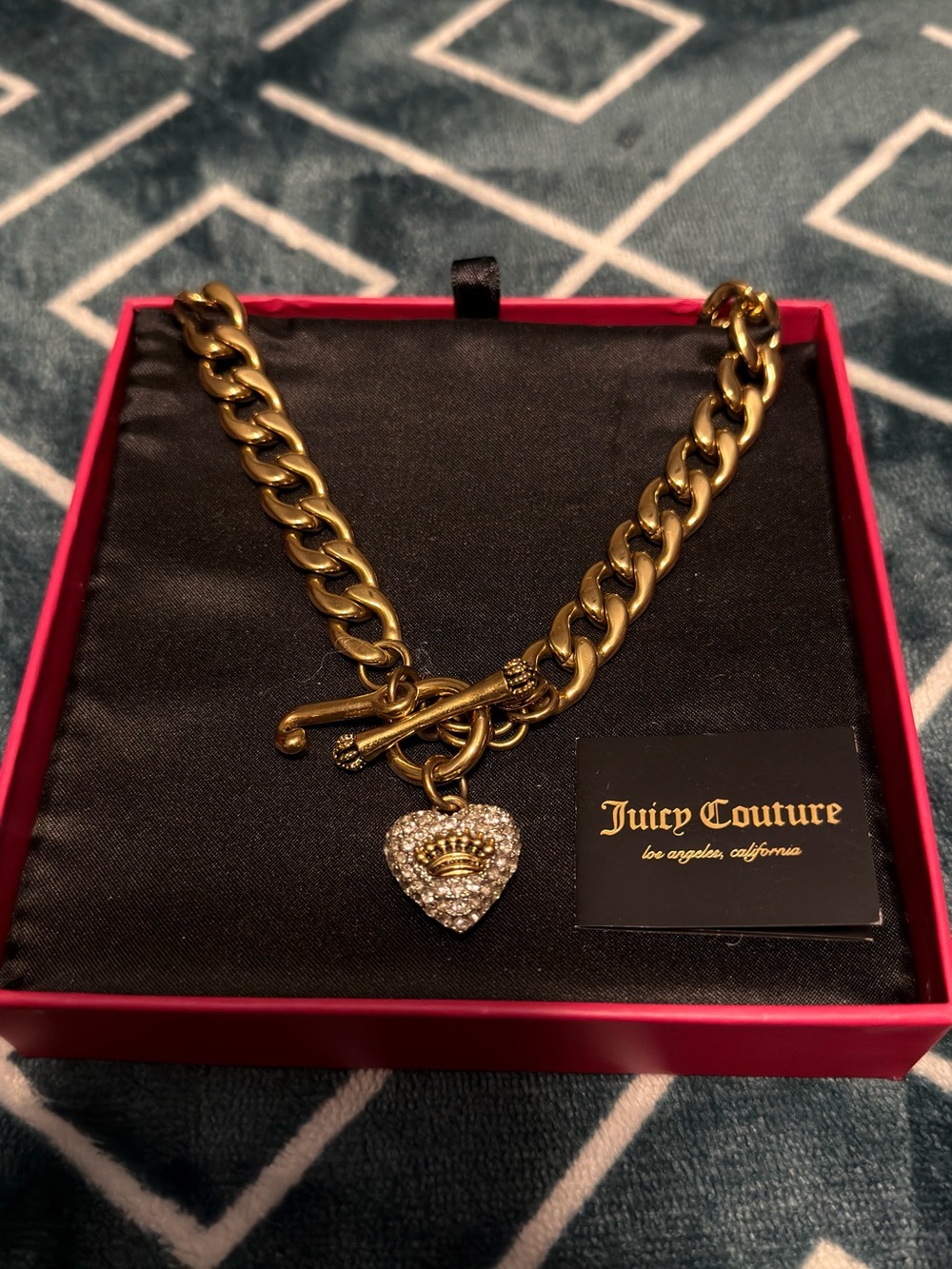 Juicy Couture Gold and Clear Crystal Crown Heart Toggle Necklace